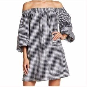 SOPRANO GINGHAM DRESS SMALL OFF SHOULDER BLACK WHITE TRAPEZE PUFF SLEEVES SWING